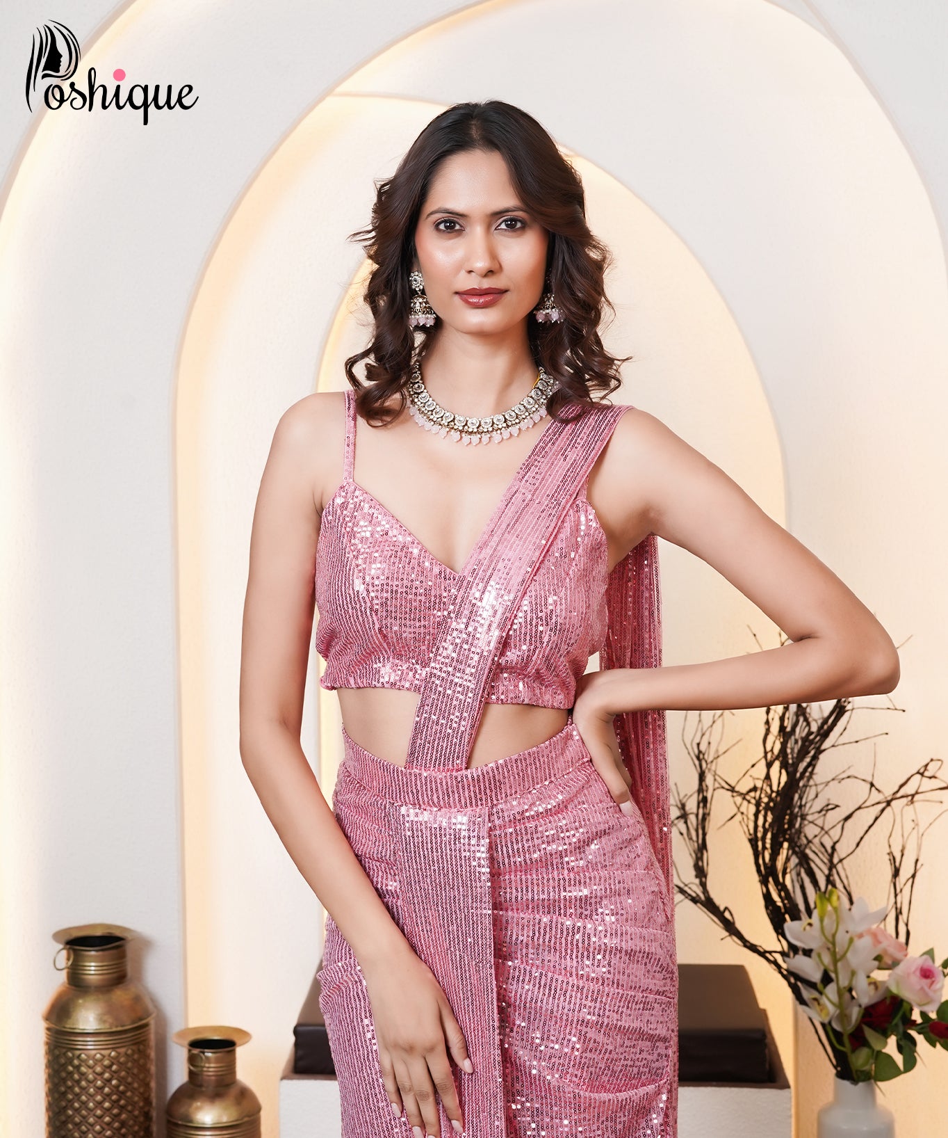 Pink Sequin Draped Saree Set